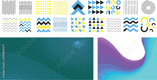 Abstract, geometric, pattern, set, colorful, shapes, waves, dots, lines, triangles, modern, minimal, background, design, elements, vector, collection, trendy, creative, template