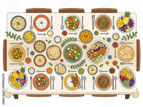 Top view of vegetarian feast with various dishes arranged on table festive food celebration concept