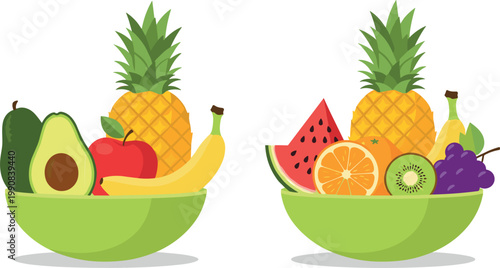 Set of Two Green Bowls Filled with Fresh Tropical and Exotic Fruits Including Avocado Pineapple Watermelon and Banana Isolated on White Vector Background
