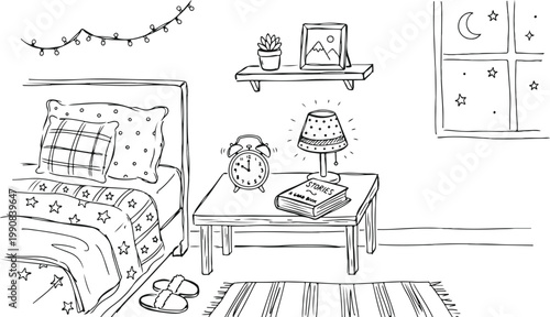 A cozy bedroom interior illustration featuring a bed nightstand and window scene