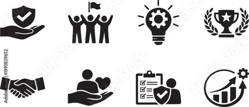 Flat line icon combo representing core values and business ethics.