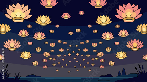 Glowing lotus lanterns floating over water at night magical peaceful spiritual festival atmosphere concept