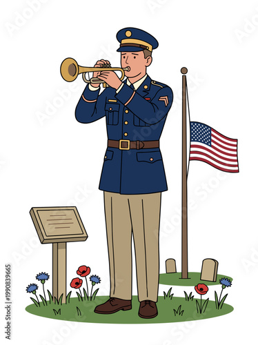 Soldier playing bugle near grave with american flag honoring fallen heroes memorial ceremony concept