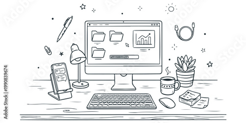 A minimalist workspace featuring a computer desk lamp and various office supplies