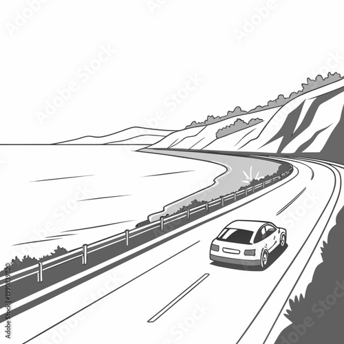 A sleek car drives along a winding coastal road with a scenic view of the ocean and surrounding hills on a sunny day