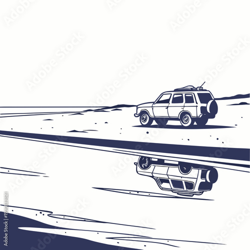 A blue and white illustration of a car driving on a road with a reflection in the water on a sunny day outdoors