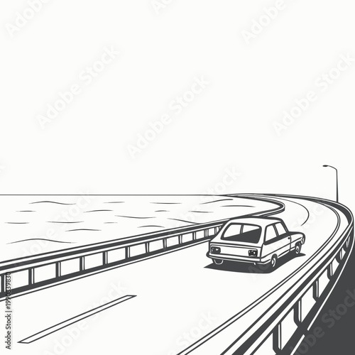 Black and white illustration of a car driving on a curved road bridge over water with guardrail and streetlight