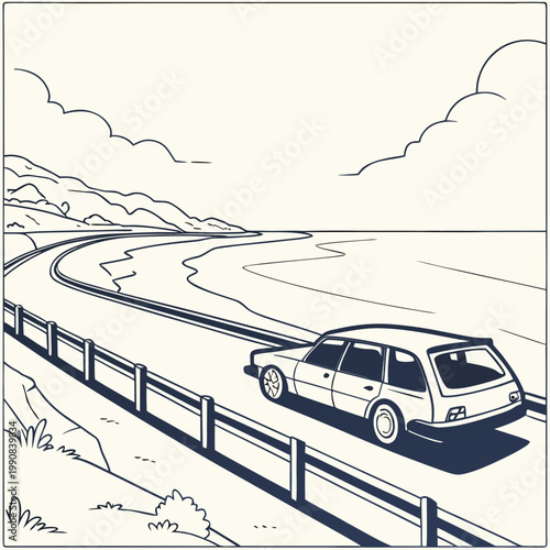 A car drives along a winding road with a guardrail on a scenic route through a mountainous landscape with clouds in the sky