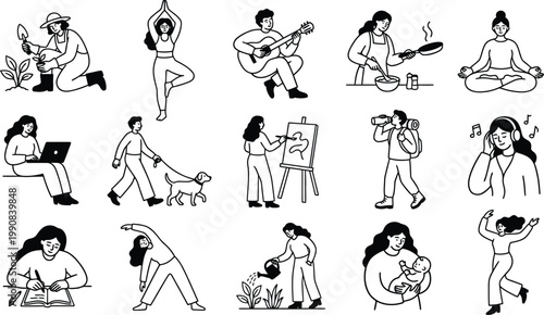 Set of people doing various daily activities and hobbies