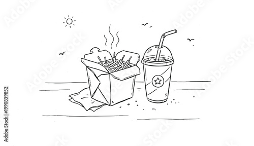 A simple line drawing depicts takeout fries and a beverage with a straw
