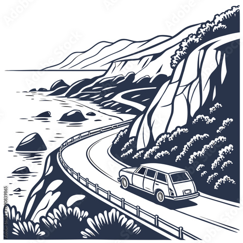 A car drives on a winding road next to the ocean with mountains in the background, illustration in dark blue and white