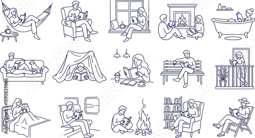 Collection of people reading books in various cozy settings
