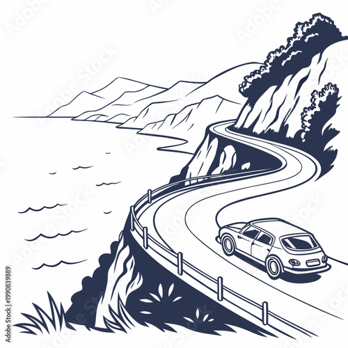 A car drives on a winding road along a scenic coastline with mountains in the background