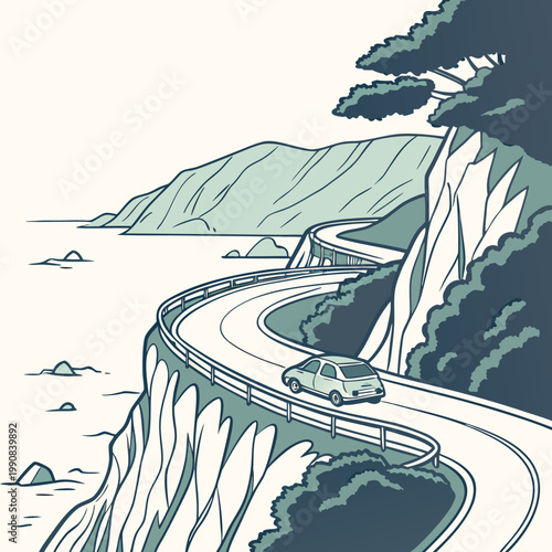 A winding road on a cliffside with a car driving on it near the ocean and mountains in the background
