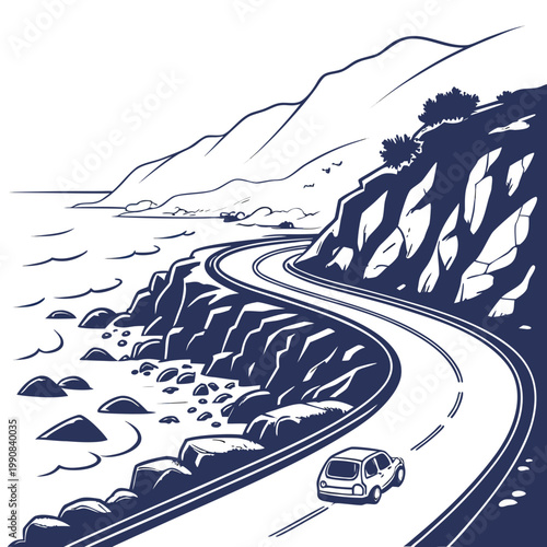 A car drives on a winding road along a rocky coastline with mountains in the background