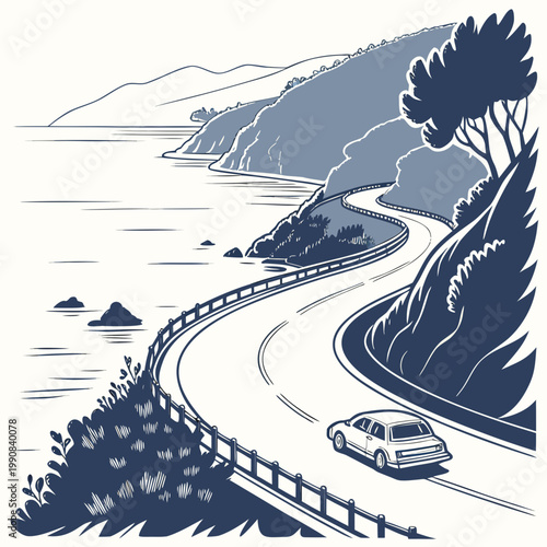 A blue and white illustration of a car driving on a winding road next to the ocean with mountains in the background and trees on the right side of the road
