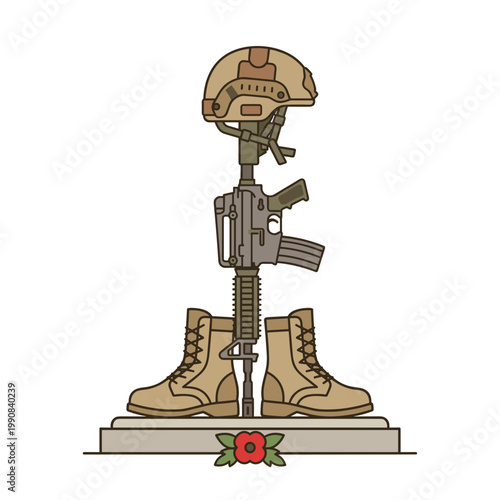 Military memorial with boots rifle and helmet honoring fallen soldiers solemn remembrance concept