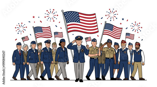 Group of veterans marching with american flags in patriotic parade honoring memorial day celebration concept