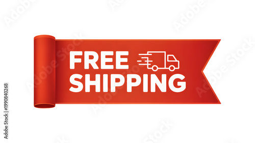 A red ribbon banner displays a free shipping message with a delivery truck icon on a black background
