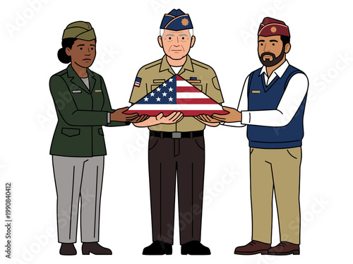 Veterans holding folded american flag in ceremony honoring military service memorial concept