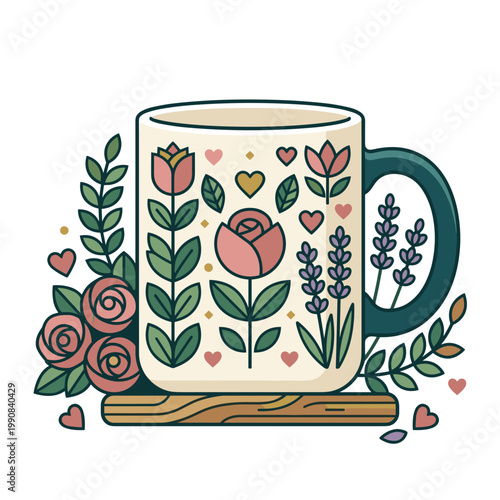 Decorative mug with floral patterns and hearts symbolizing mothers day gift appreciation and love concept