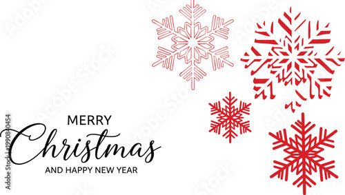 Elegant Christmas and Happy New Year greeting card background featuring red snowflake silhouettes and stylish typography on a clean white minimal backdrop.