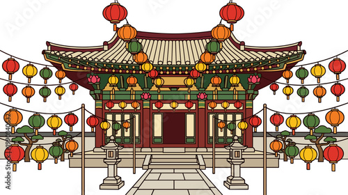 Traditional asian temple decorated with colorful lanterns during festival celebration cultural heritage concept
