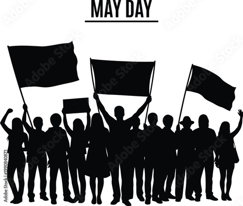 Silhouette of a diverse crowd demonstrating for workers' rights and global solidarity on May Day celebration