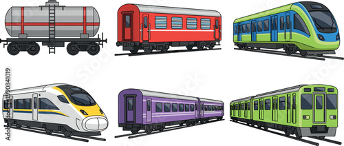Passenger and Freight Train Car Set with Modern and Classic Railway Coaches, High-Speed and Commuter Trains in Flat Vector Illustration