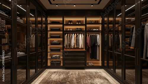 Luxurious and modern walk-in closet with organized clothing and accessories on display, clothing collection and minimalist wardrobe interior