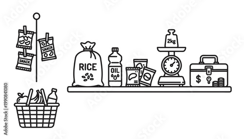 Everyday essentials and market items displayed on a shelf and basket