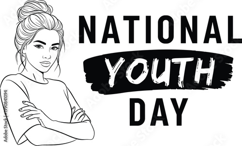 A stylish woman with an updo poses beside bold text proclaiming national youth day in black and white high quality professional