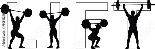 Silhouettes of a weightlifter demonstrate various stages of a clean and jerk exercise in black high quality professional detailed modern elegant