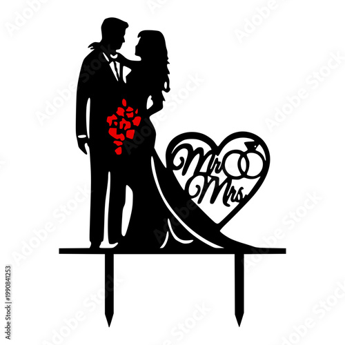 Fotografie A romantic wedding cake topper featuring a silhouette of a couple with a heart and the words 'Mr