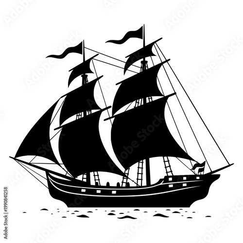 A black silhouette of a sailing ship with three masts and billowing sails on calm waters
