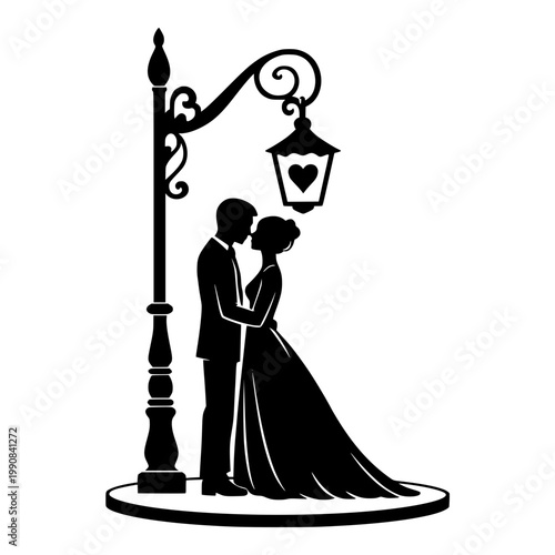 A romantic couple embracing under a heart-shaped street lamp in a beautiful silhouette illustration