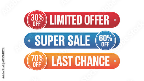 Promotional sale banners showcasing limited offers super sales and last chance discounts with varying percentages