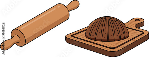 Rolling Pin and Bread on Cutting Board Illustration Set with Wooden Baking Tools and Pastry Preparation in Flat Vector Design