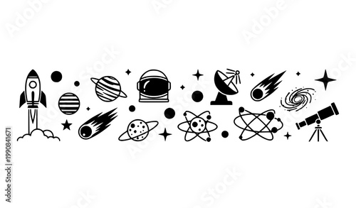 Minimal space icon vector set with solar system planets rocket and astronomy symbols for infographic design