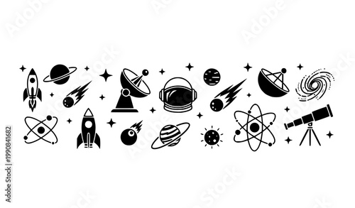 Space icon vector set with planets rocket astronaut satellite and galaxy symbols in black and white silhouette style