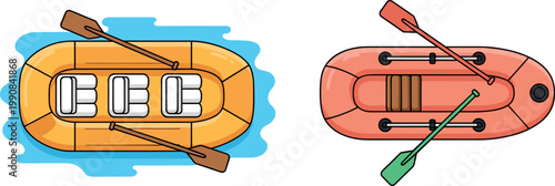 Inflatable Raft and Boat Set with Oars on Water Adventure Floating Equipment for Recreation in Flat Vector Illustration