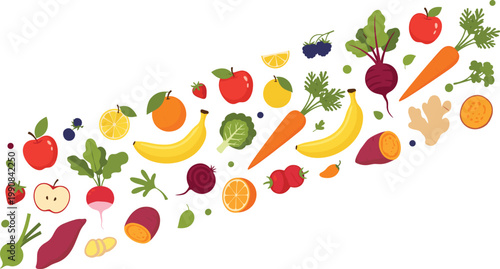 Fresh Fruits and Vegetables Collection with Healthy Food Ingredients, Colorful Organic Produce and Natural Nutrition Elements for Cooking and Vector Illustration.