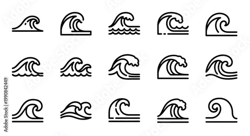 Ocean Wave Icons Set, Outline Vector Collection of Sea Water Line Art Illustrations, Graphic Elements for Design