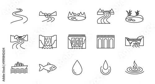Water and River Line Icons Set: Lakes, Dams, Waterfalls, Streams, Ponds, Bridges, Fish, and Drops Vector Illustration