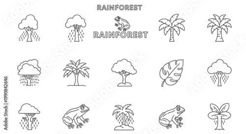 Detailed Rainforest and Jungle Line Art Icon Set featuring Tropical Trees, Exotic Plants, and Amphibian Wildlife