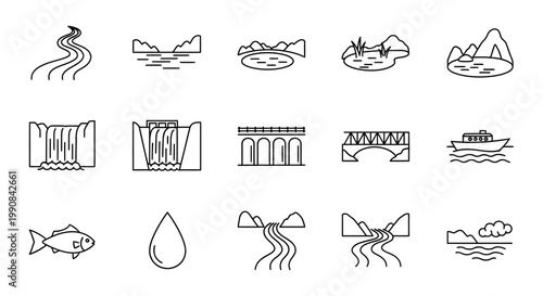 Water Bodies and Features Line Icons Set. River, Lake, Dam, Waterfall, Bridge, Fish, Water Drop, and Landscape Elements.