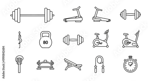 Outline icons of gym equipment and fitness accessories. Set of exercise tools including dumbbells, treadmill, kettlebell, and stationary bike in vector style.