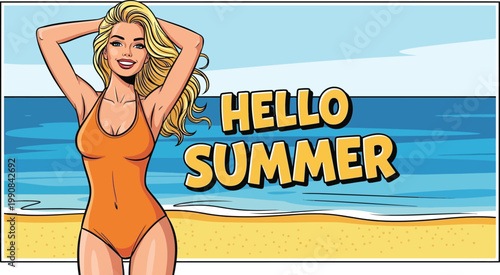 Smiling woman in orange swimsuit on beach with Hello Summer text representing vacation and warm weather