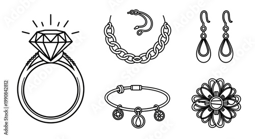 Elegant jewelry accessories collection line art vector icons set including diamond ring, chain necklace, earrings, bracelet, and brooch
