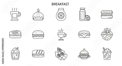 Delicious breakfast and brunch food vector line icons set. Hot drinks, pastries, sandwiches, burgers, juice, and fruit illustrations.